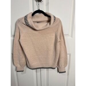 Lumiere Tan Cowl Neck Sweater Black Striped Trim Size Small